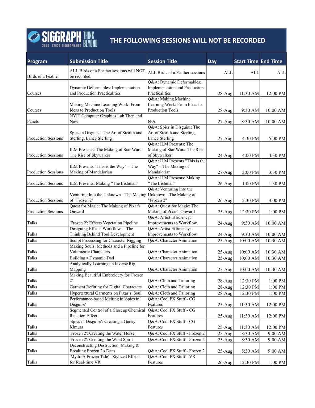 Scheduled Sessions That Will Not Be Recorded