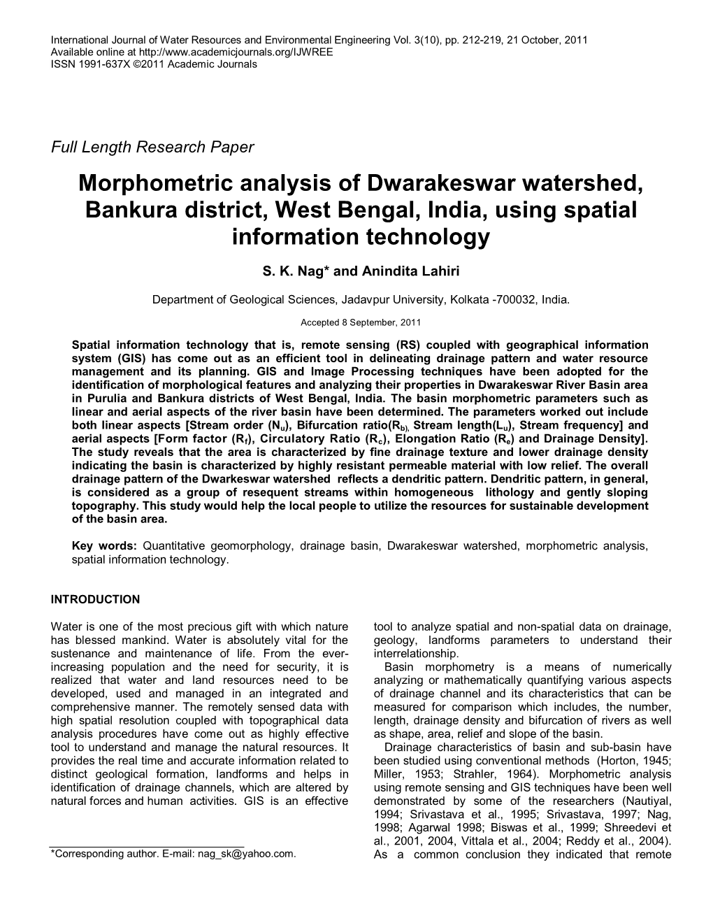 Morphometric Analysis of Dwarakeswar Watershed, Bankura District, West Bengal, India, Using Spatial Information Technology