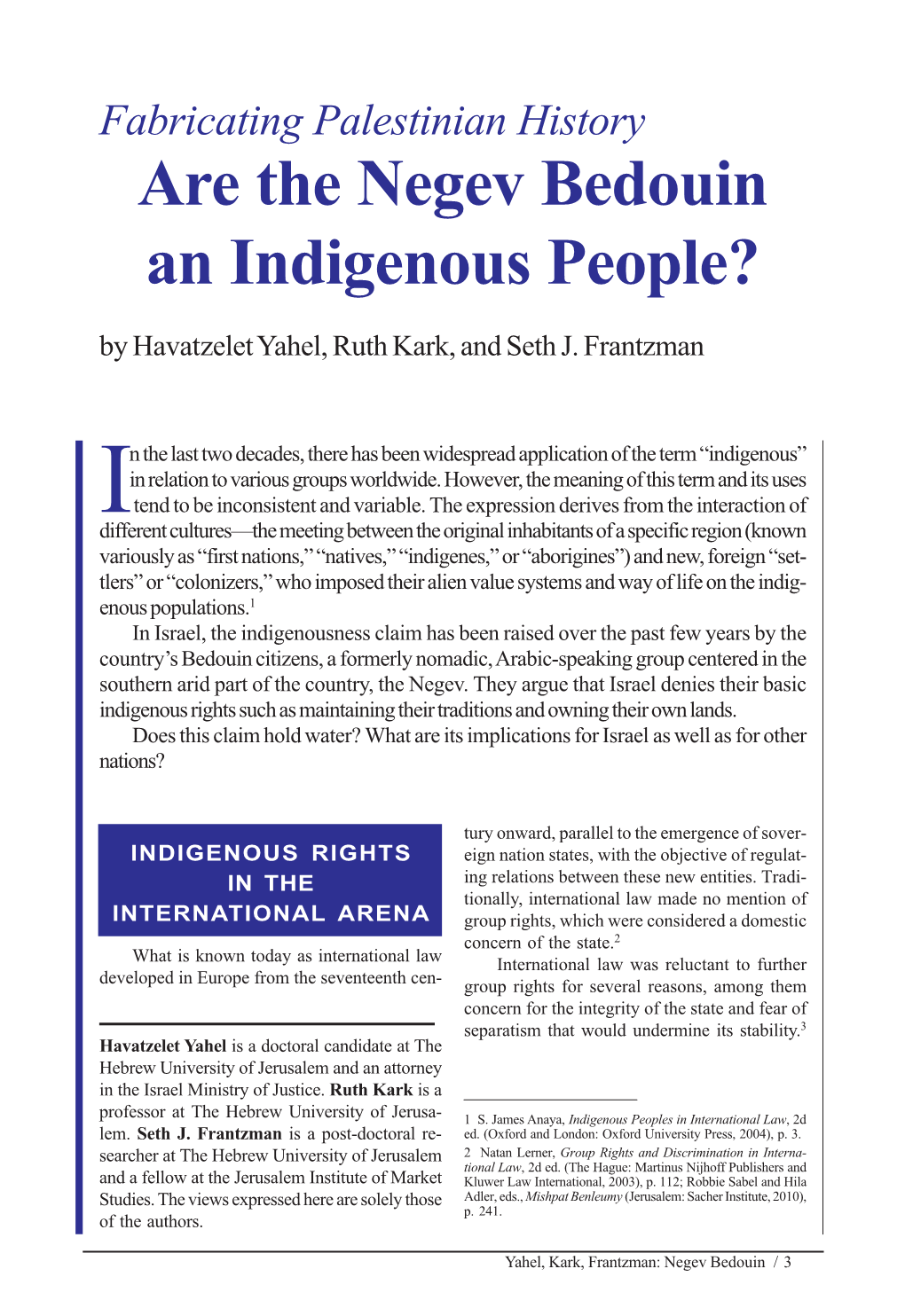 Are the Negev Bedouin an Indigenous People? by Havatzelet Yahel, Ruth Kark, and Seth J