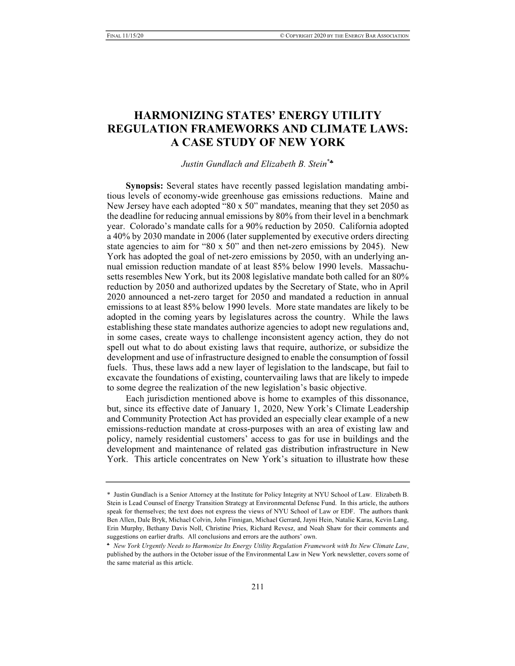 Harmonizing States' Energy Utility Regulation Frameworks and Climate Laws: a Case Study of New York