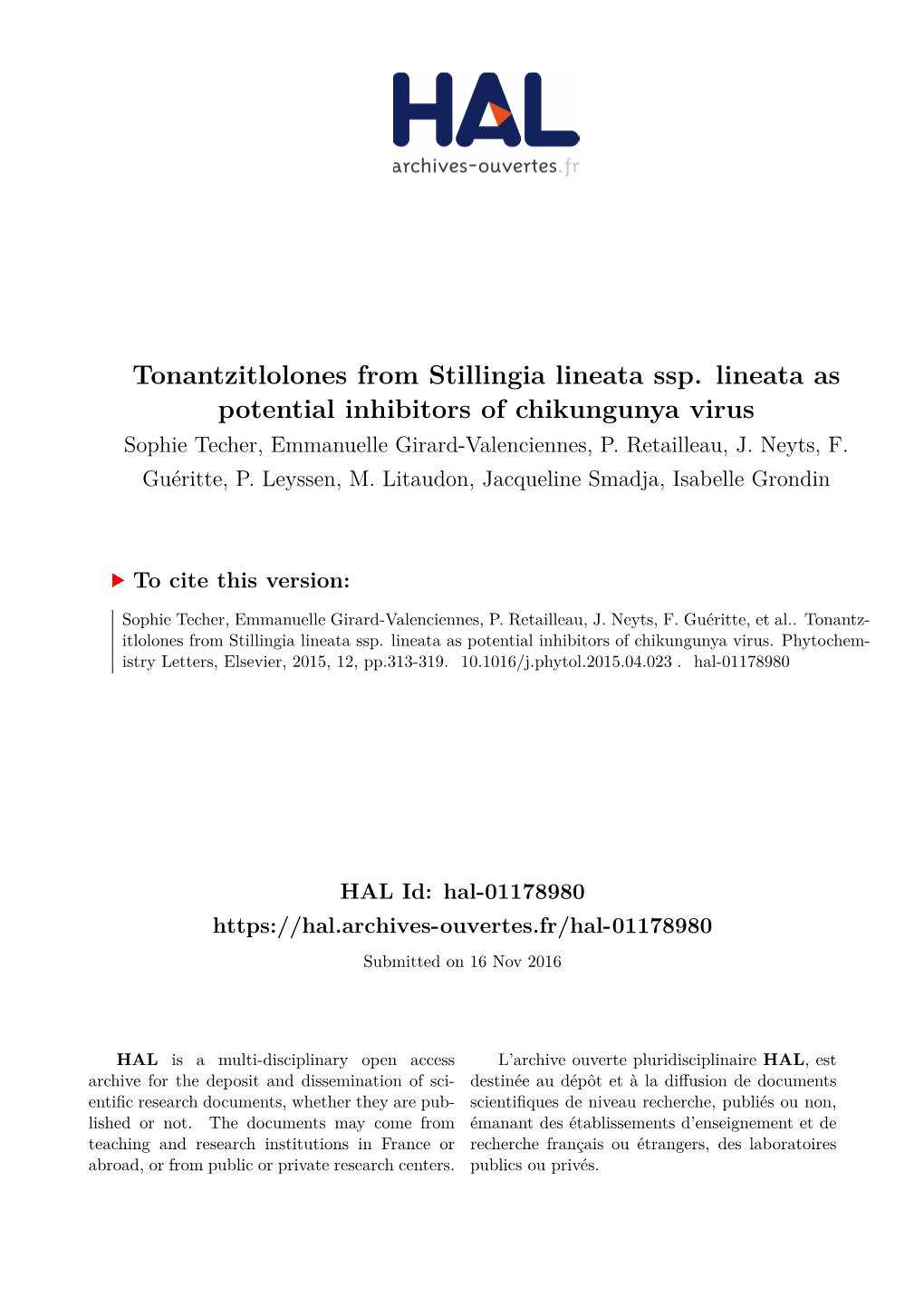 Tonantzitlolones from Stillingia Lineata Ssp. Lineata As Potential Inhibitors of Chikungunya Virus Sophie Techer, Emmanuelle Girard-Valenciennes, P