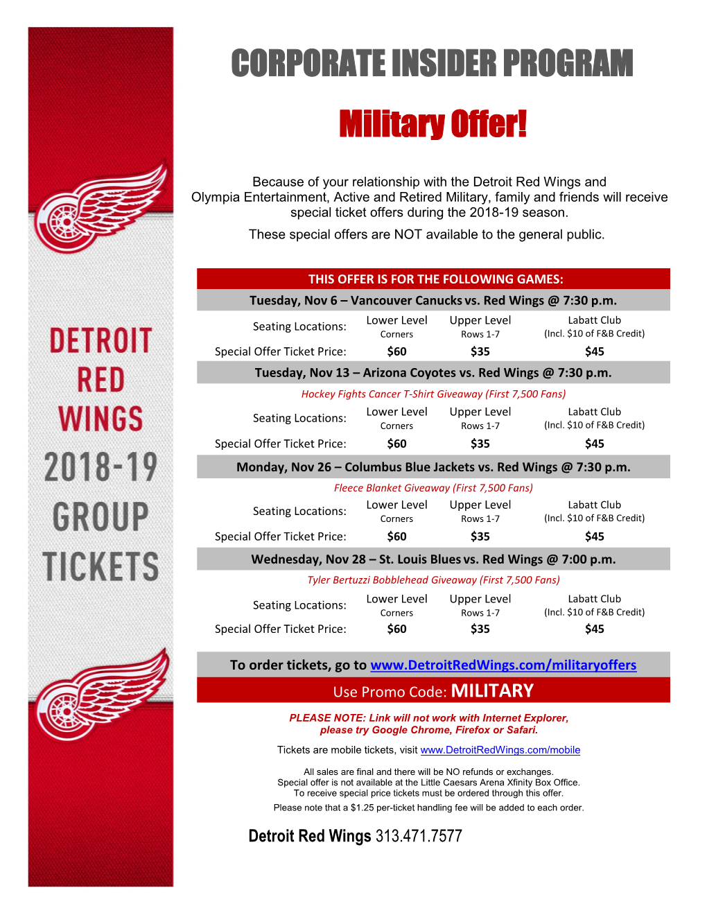 Detroit Red Wings and Olympia Entertainment, Active and Retired Military, Family and Friends Will Receive Special Ticket Offers During the 2018-19 Season