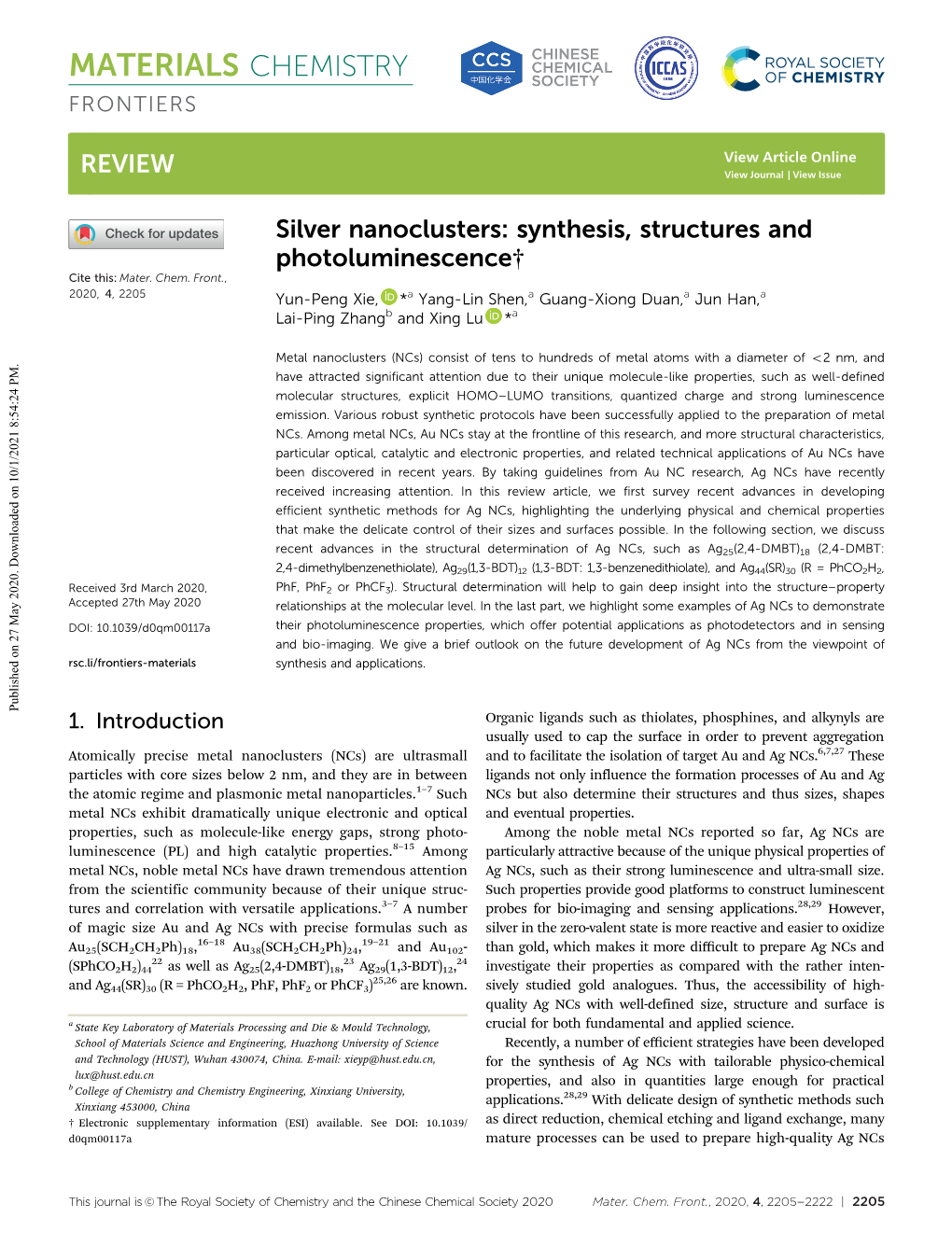 Silver Nanoclusters: Synthesis, Structures and Photoluminescence† Cite This: Mater