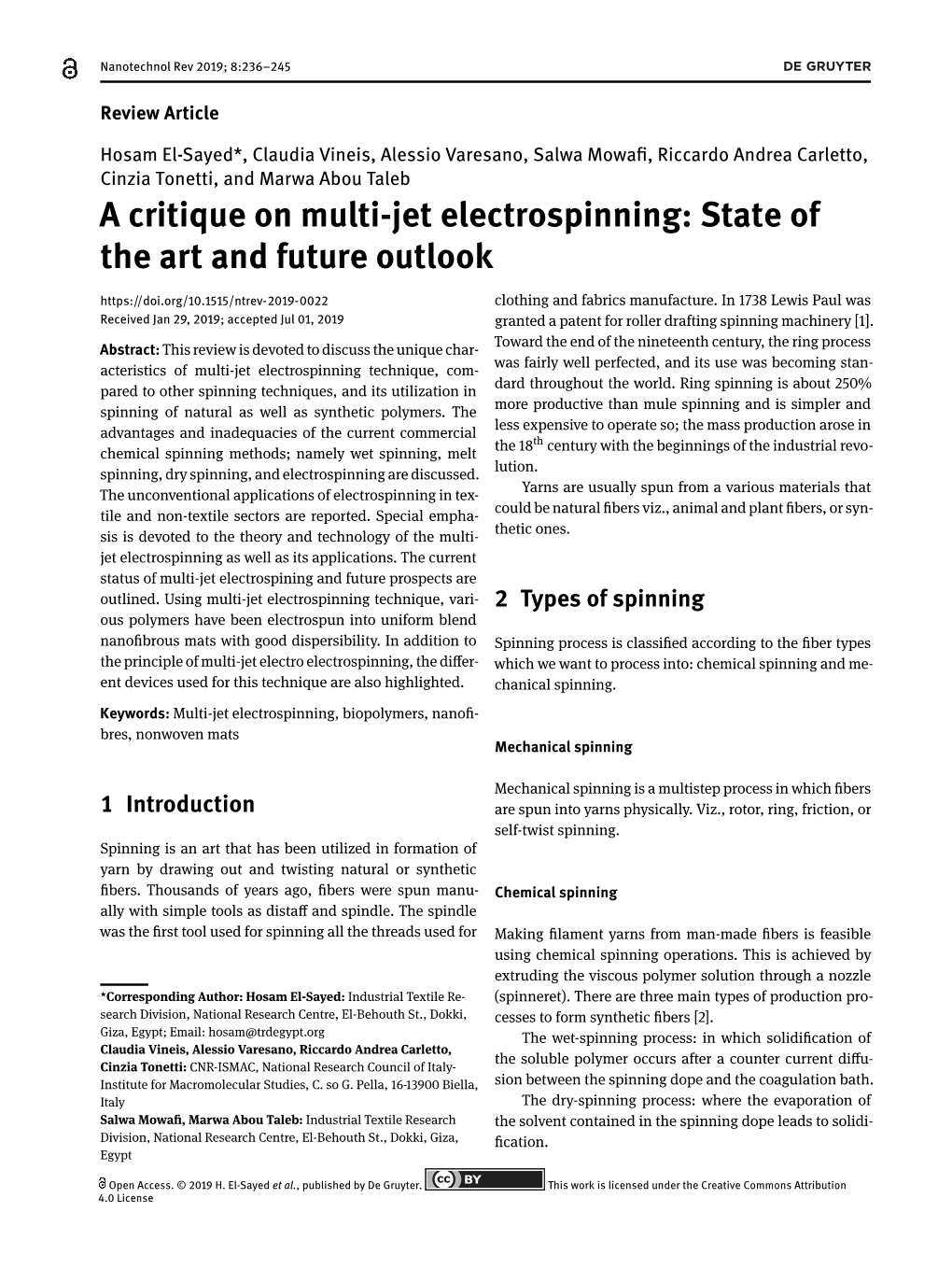 A Critique on Multi-Jet Electrospinning: State of the Art and Future Outlook Clothing and Fabrics Manufacture