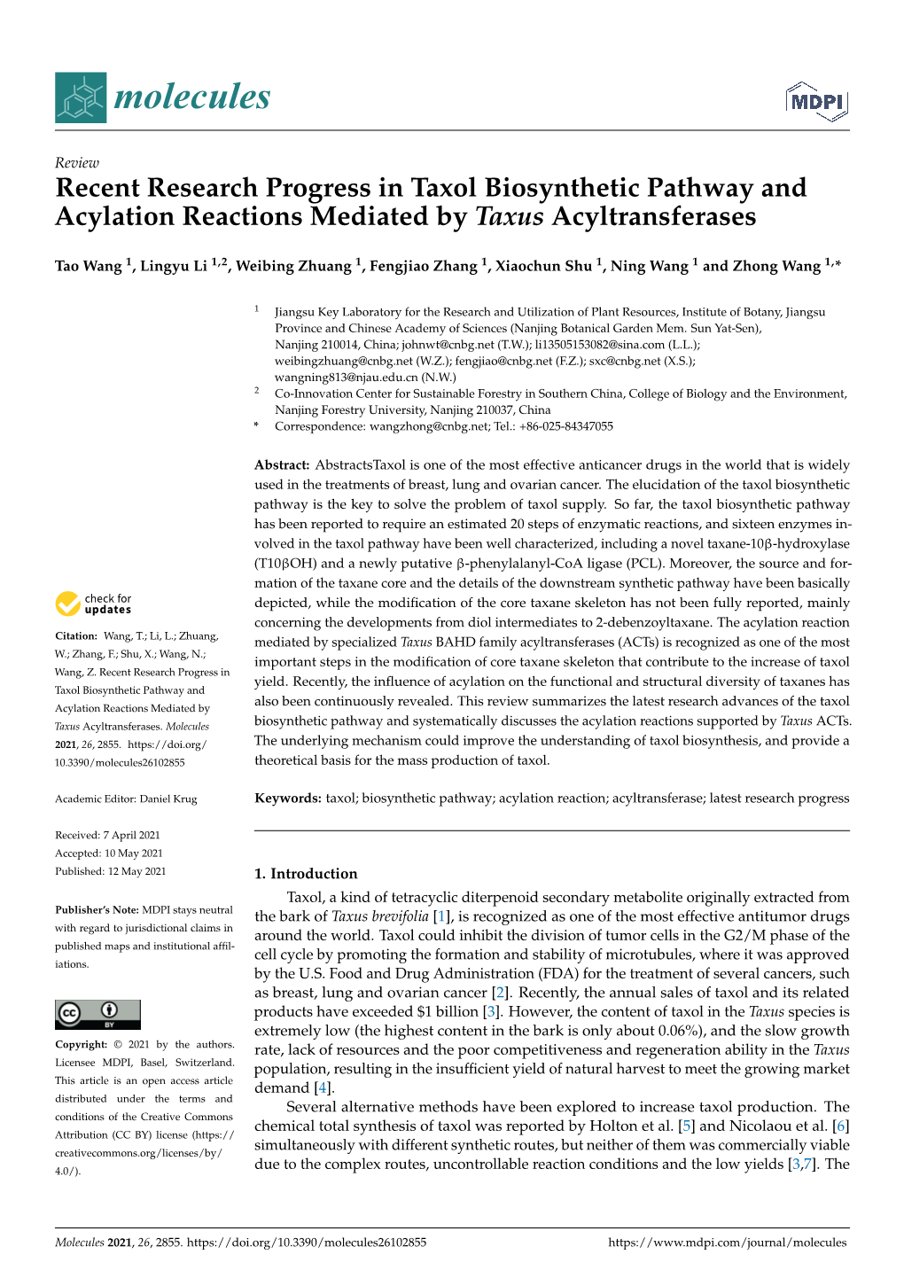 Recent Research Progress in Taxol Biosynthetic Pathway and Acylation Reactions Mediated by Taxus Acyltransferases