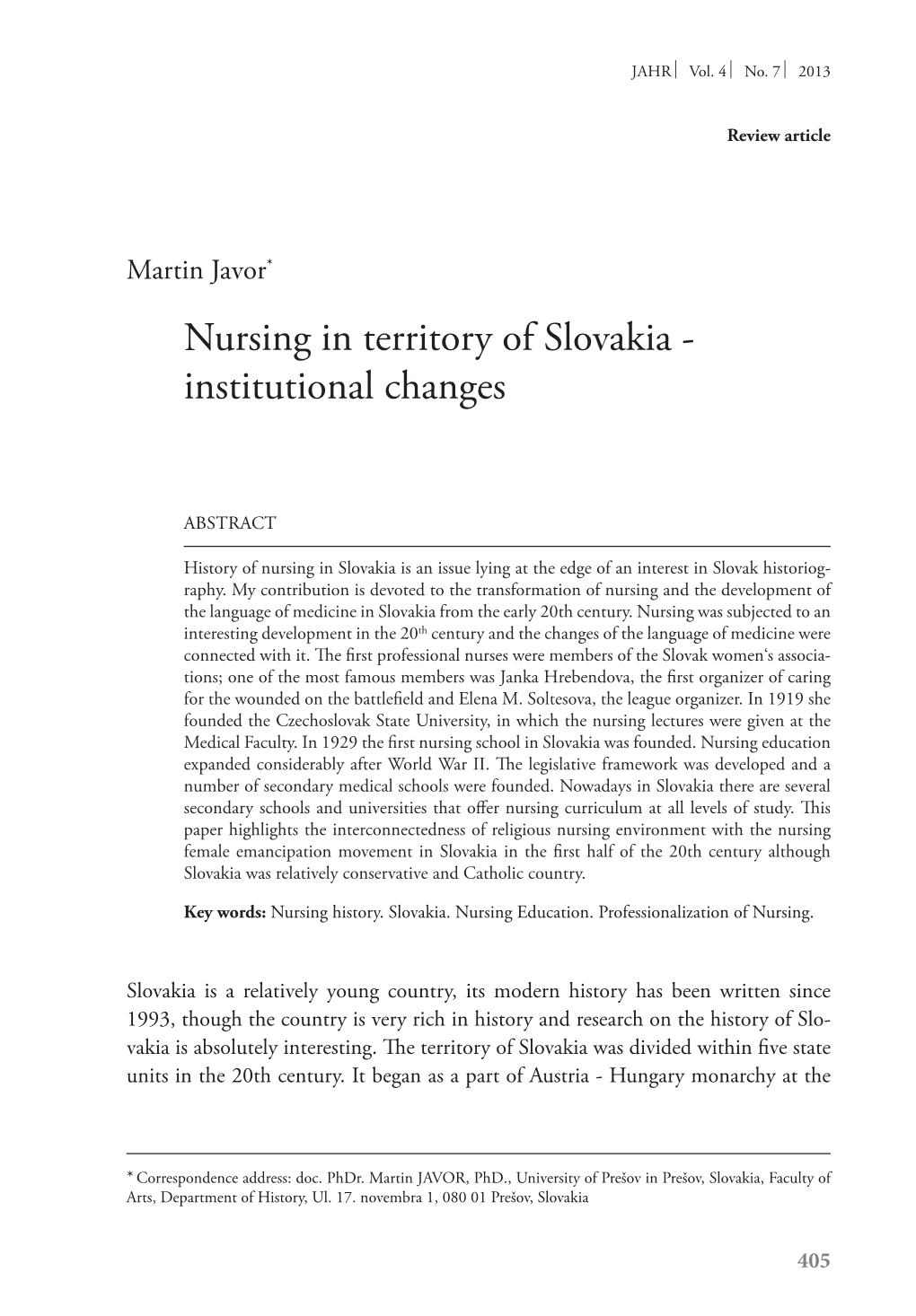Nursing in Territory of Slovakia - Institutional Changes