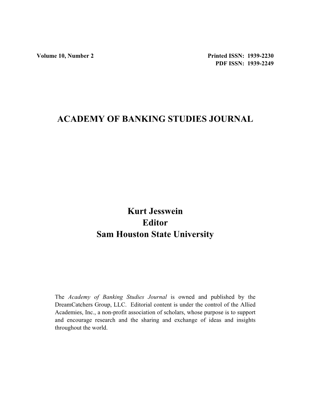 ACADEMY of BANKING STUDIES JOURNAL Kurt Jesswein Editor