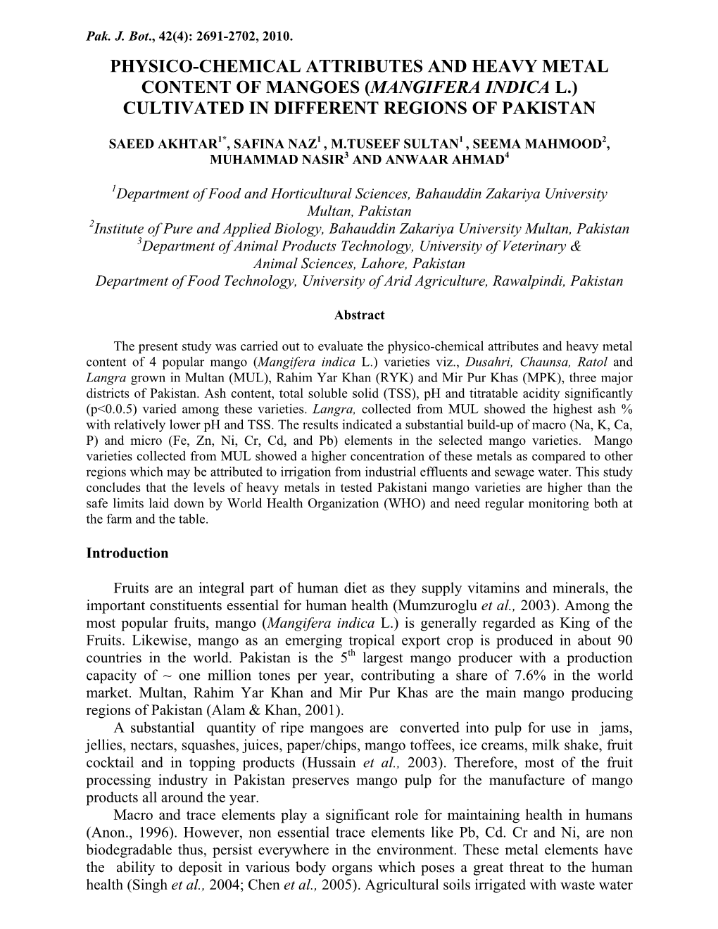 Physico-Chemical Attributes and Heavy Metal Content of Mangoes (Mangifera Indica L.) Cultivated in Different Regions of Pakistan