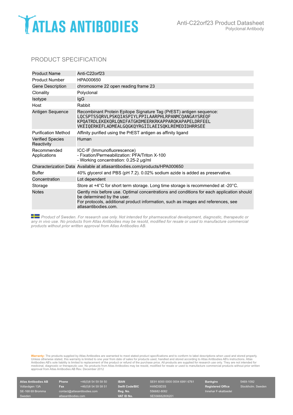 PRODUCT SPECIFICATION Anti-C22orf23 Product Datasheet