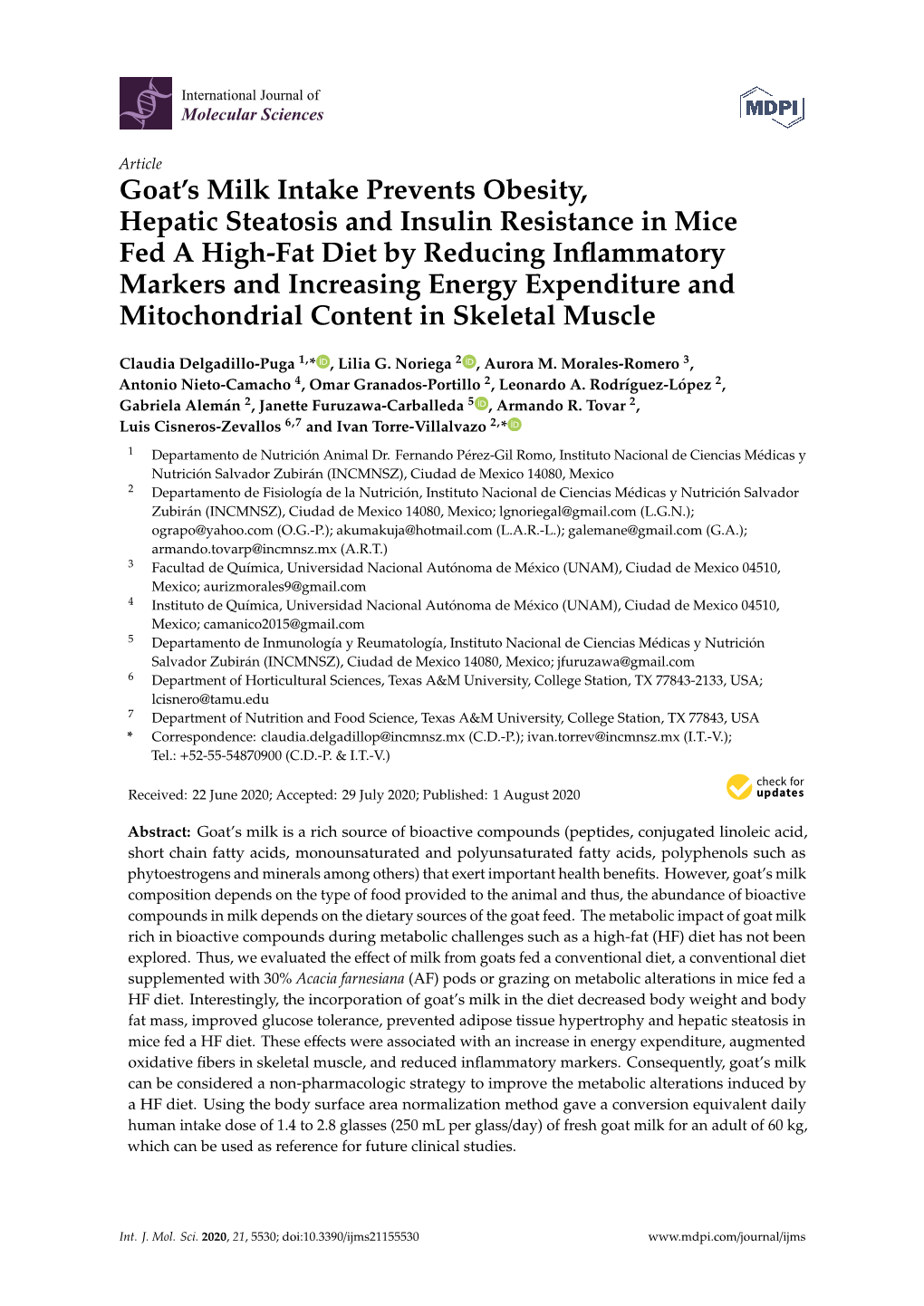 Goat's Milk Intake Prevents Obesity, Hepatic Steatosis and Insulin Resistance in Mice Fed a High-Fat Diet by Reducing Inflamma