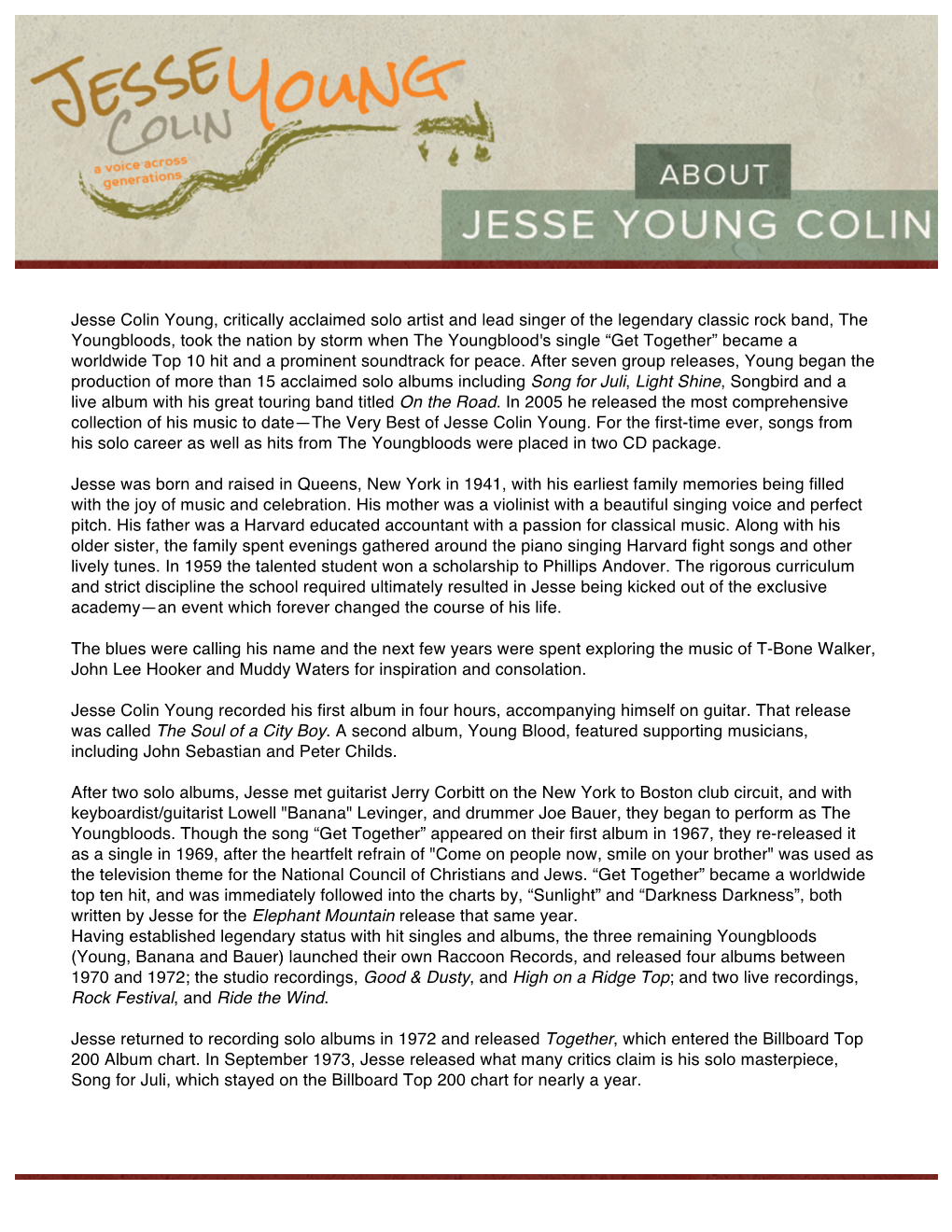 Jesse Colin Young, Critically Acclaimed Solo Artist and Lead