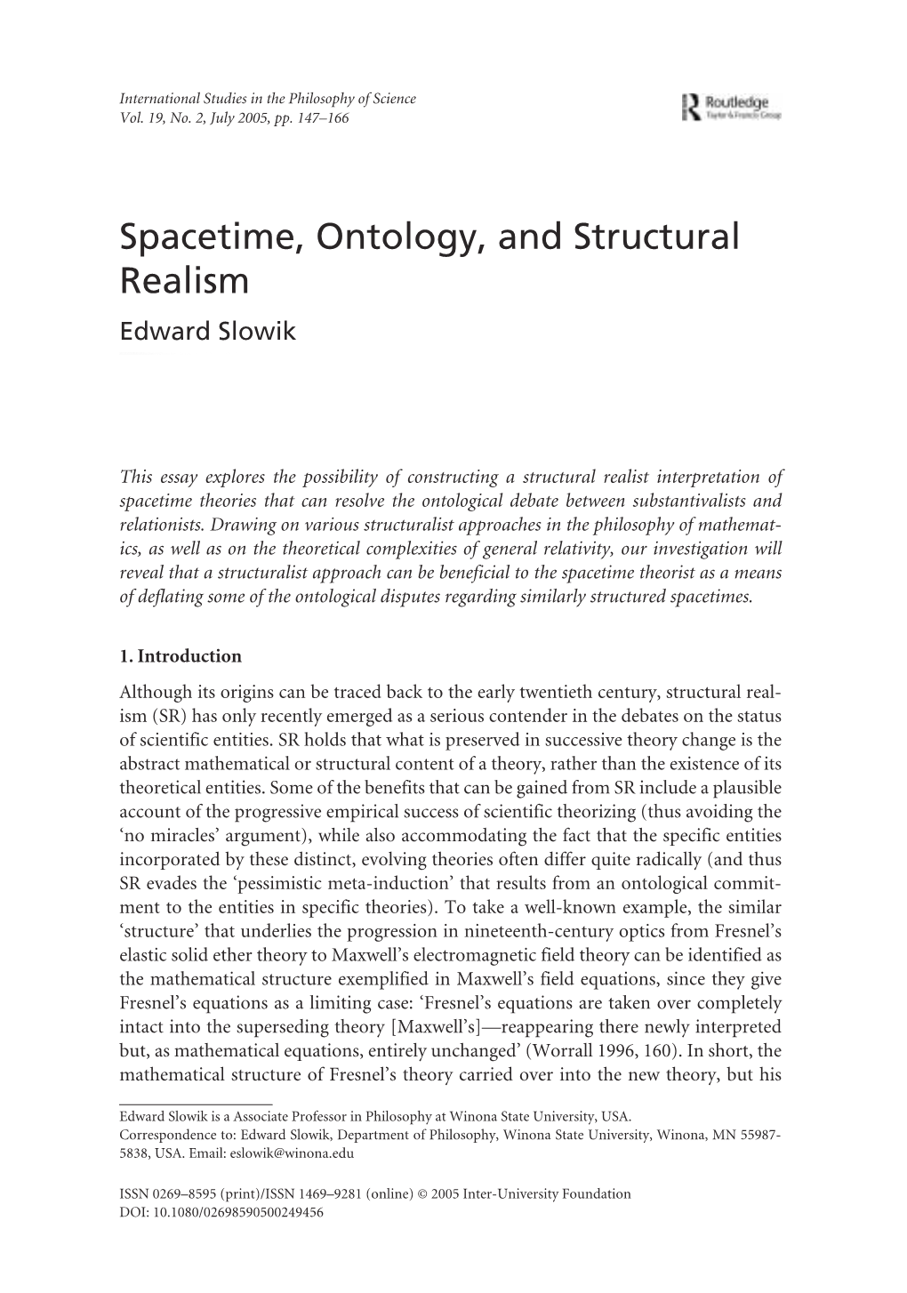 Spacetime, Ontology, and Structural Realism Edward Slowik