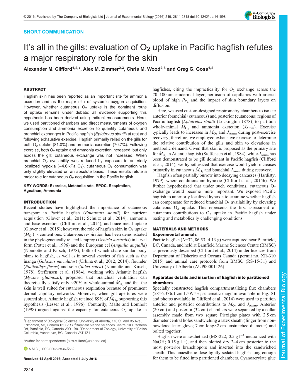 Evaluation of O2 Uptake in Pacific Hagfish Refutes a Major Respiratory Role for the Skin Alexander M