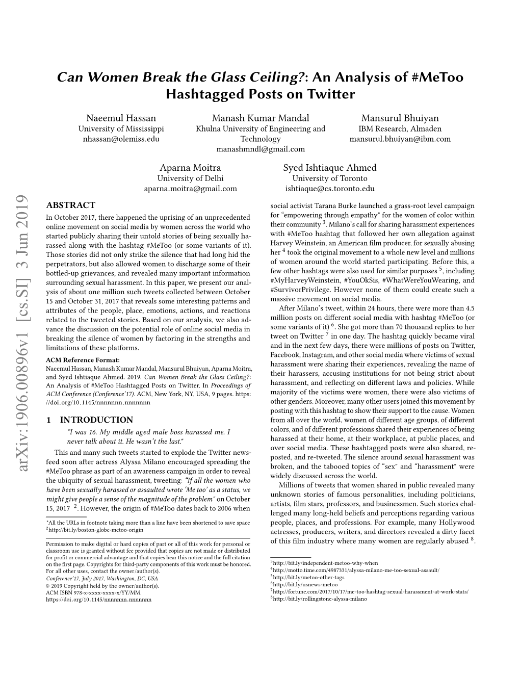 Can Women Break the Glass Ceiling?: an Analysis of #Metoo Hashtagged Posts on Twitter