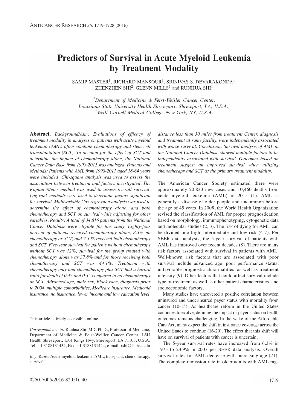 Predictors of Survival in Acute Myeloid Leukemia by Treatment Modality