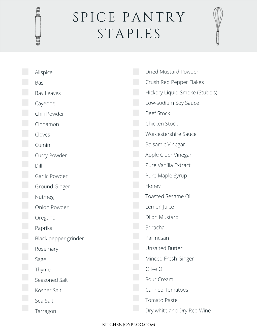 Printable Spice & Baking Pantry Staples Lists