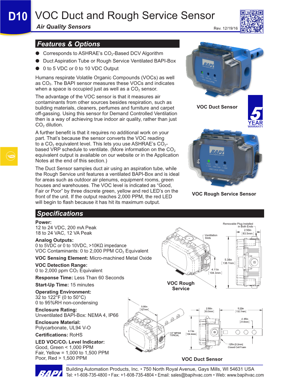 VOC Duct and Rough Service Sensor Air Quality Sensors Rev