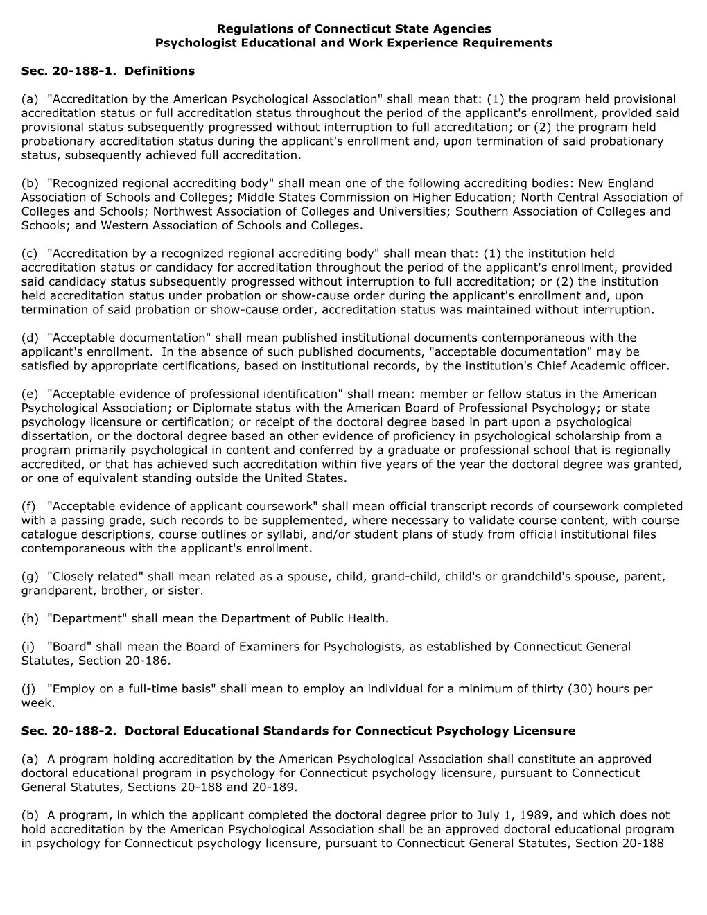 Regulations of Connecticut State Agencies Psychologist Educational and Work Experience Requirements