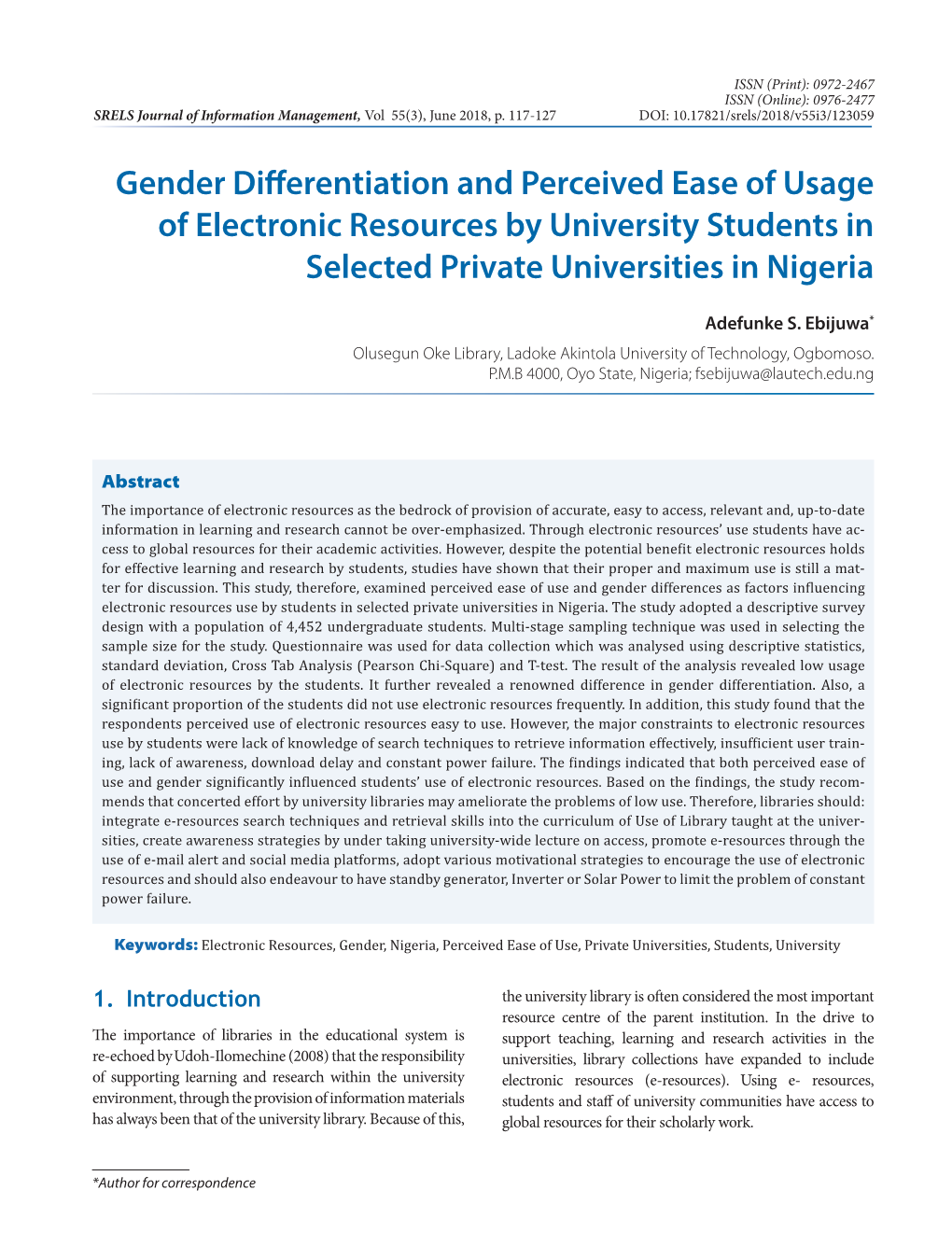 Gender Differentiation and Perceived Ease of Usage of Electronic Resources by University Students in Selected Private Universities in Nigeria