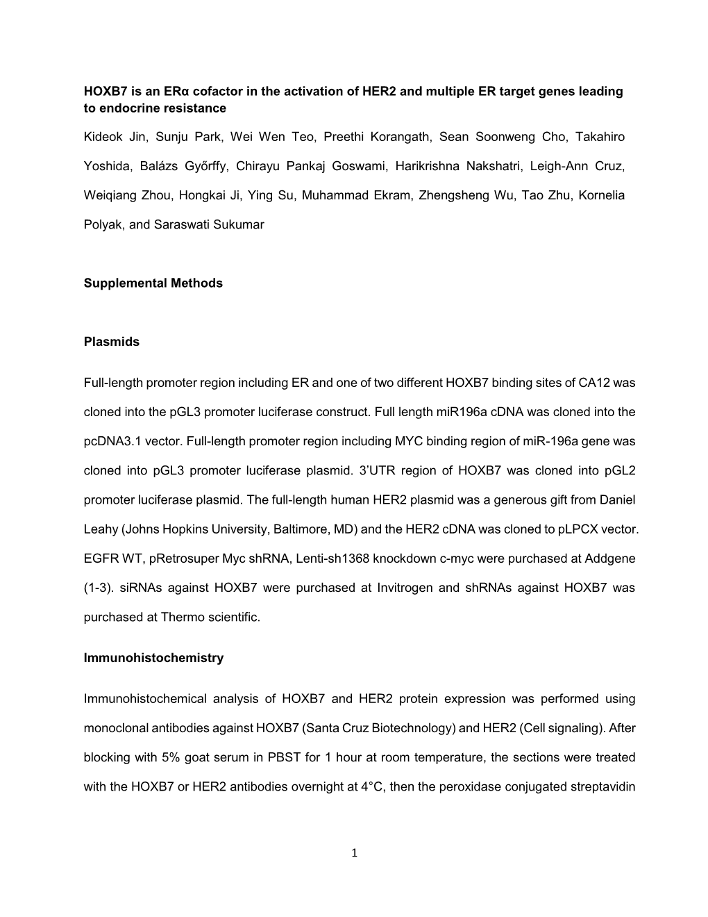 1 HOXB7 Is an Erα Cofactor in the Activation Of