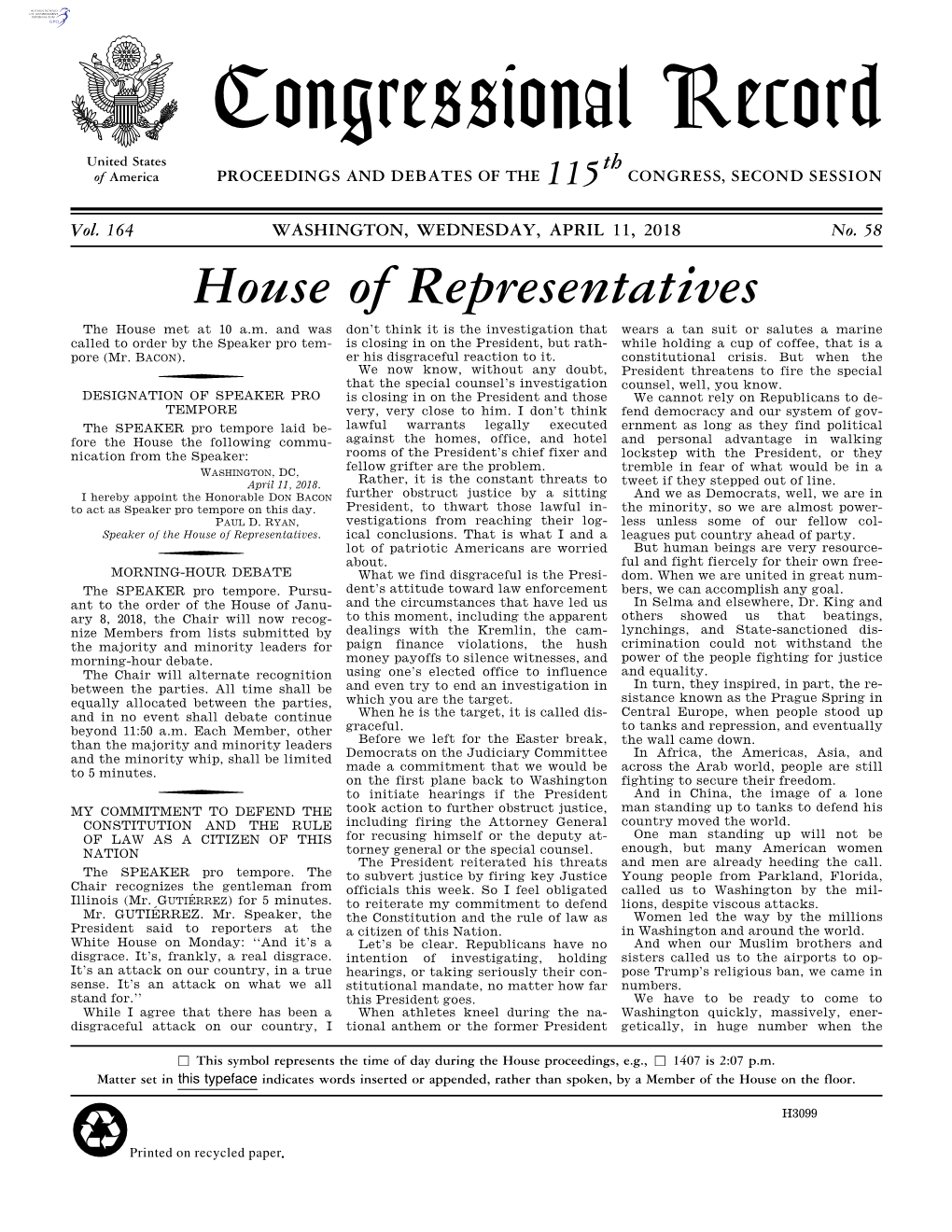 Congressional Record United States Th of America PROCEEDINGS and DEBATES of the 115 CONGRESS, SECOND SESSION