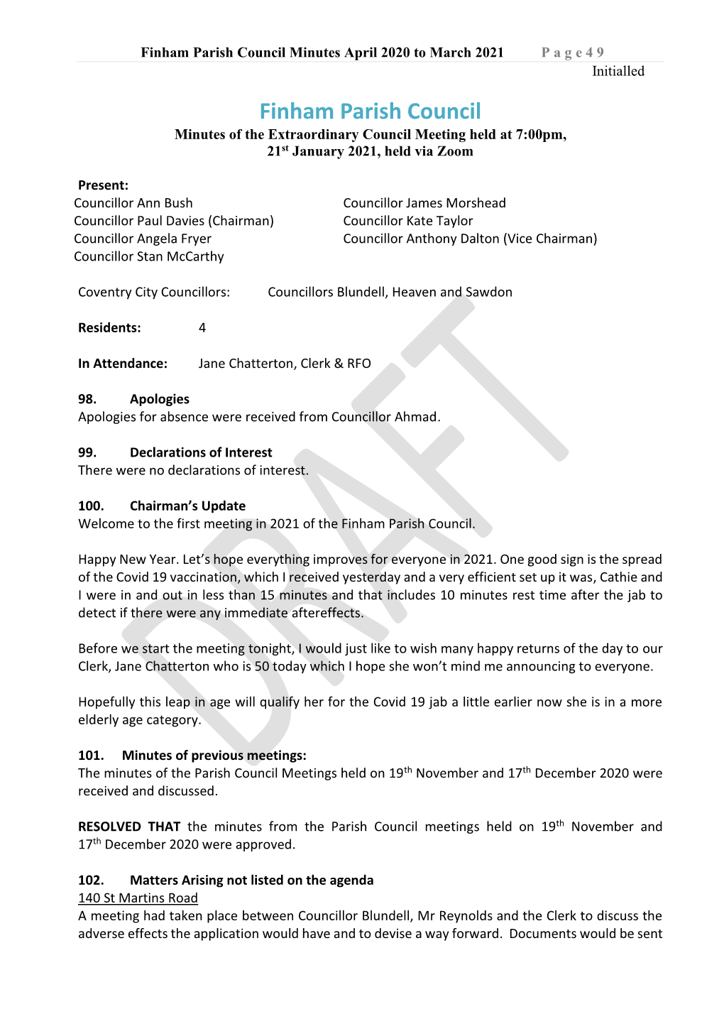 Finham Parish Council Minutes April 2020 to March 2021 P a G E 49 Initialled