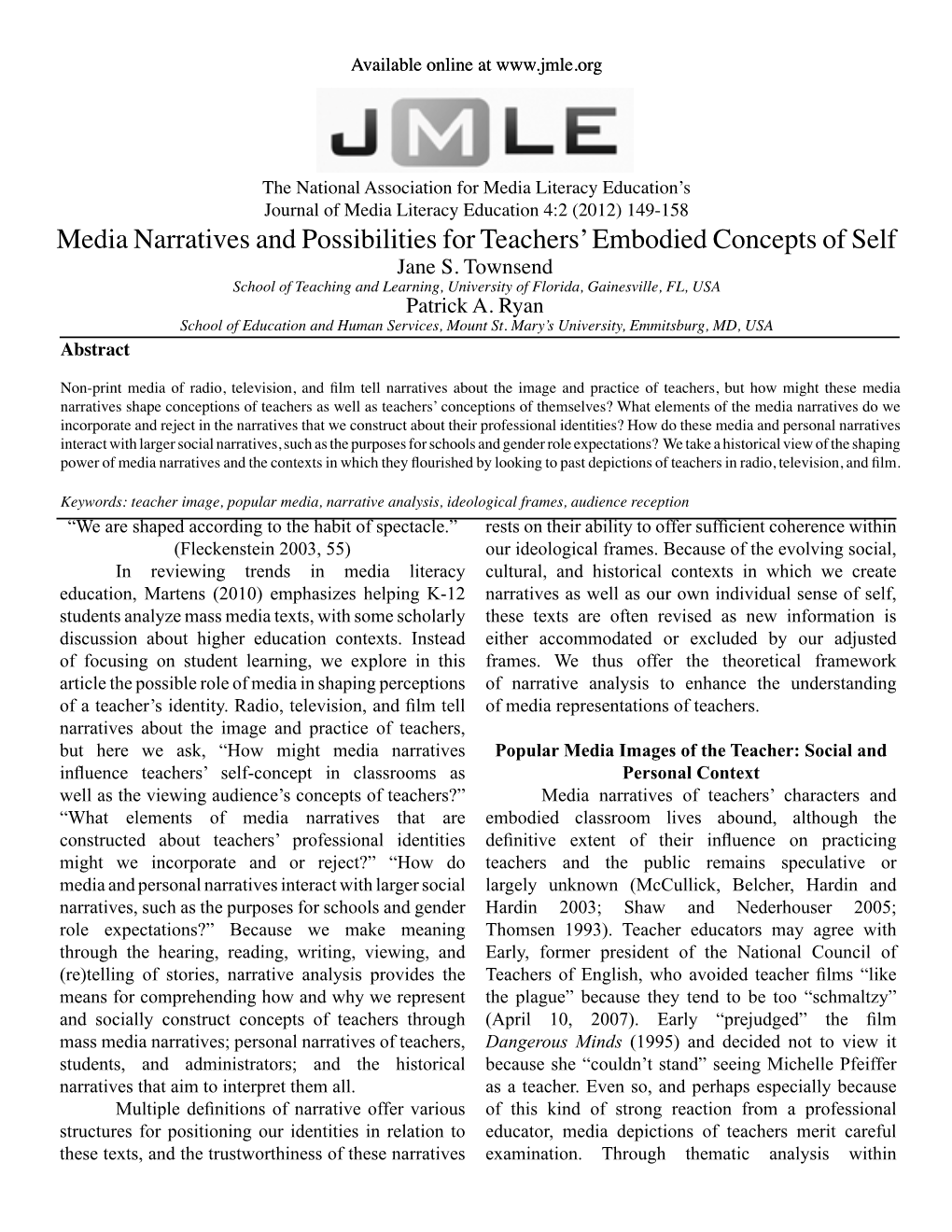 Media Narratives and Possibilities for Teachers' Embodied Concepts of Self