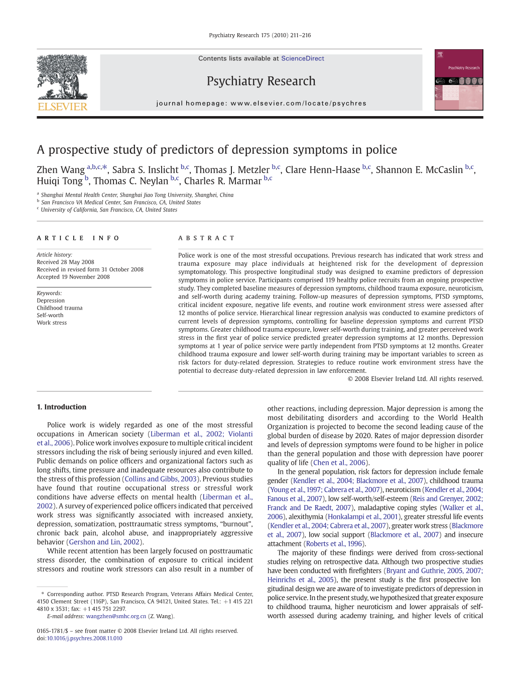 A Prospective Study of Predictors of Depression Symptoms in Police