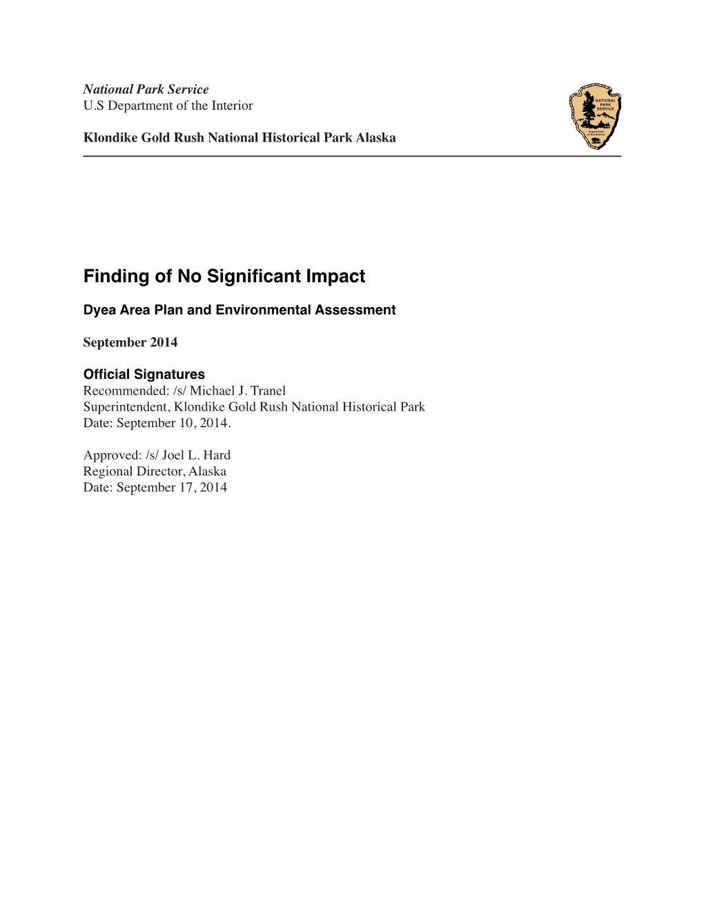 Finding of No Significant Impact Dyea Area Plan and Environmental