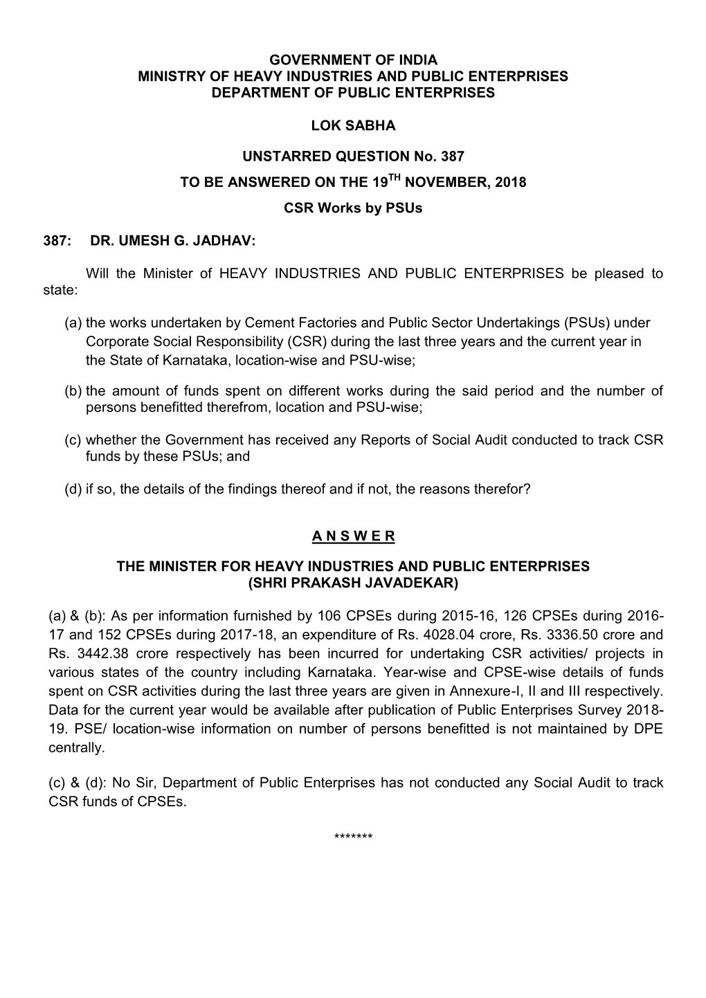 Government of India Ministry of Heavy Industries and Public Enterprises Department of Public Enterprises