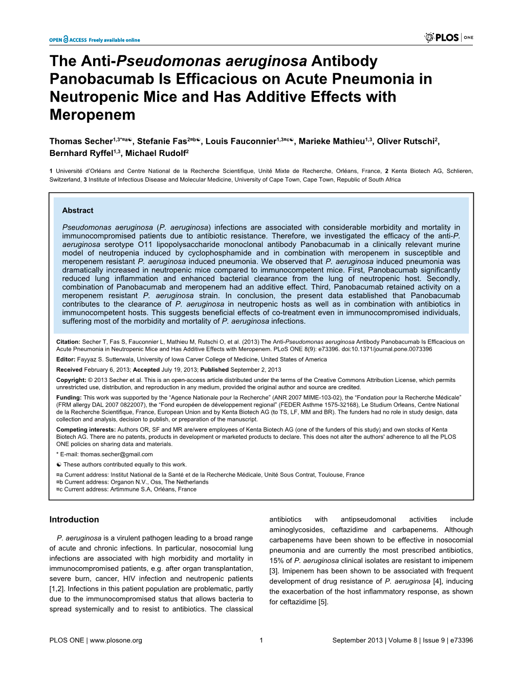 The Anti-Pseudomonas Aeruginosa Antibody Panobacumab Is Efficacious on Acute Pneumonia in Neutropenic Mice and Has Additive Effects with Meropenem