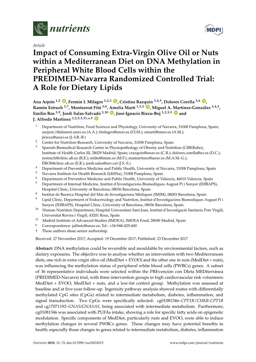 Impact of Consuming Extra-Virgin Olive Oil Or Nuts Within a Mediterranean Diet on DNA Methylation in Peripheral White Blood Cell