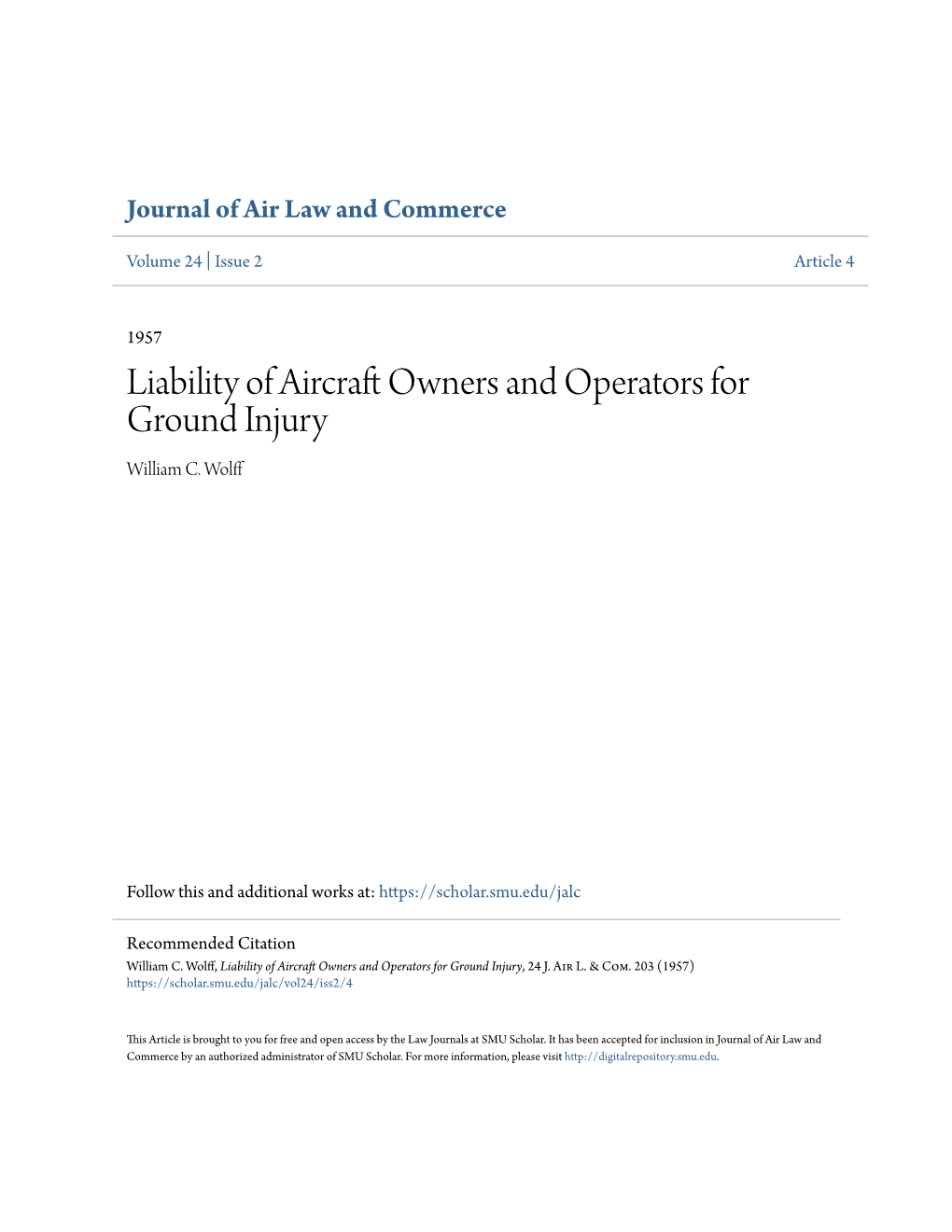 Liability of Aircraft Owners and Operators for Ground Injury William C