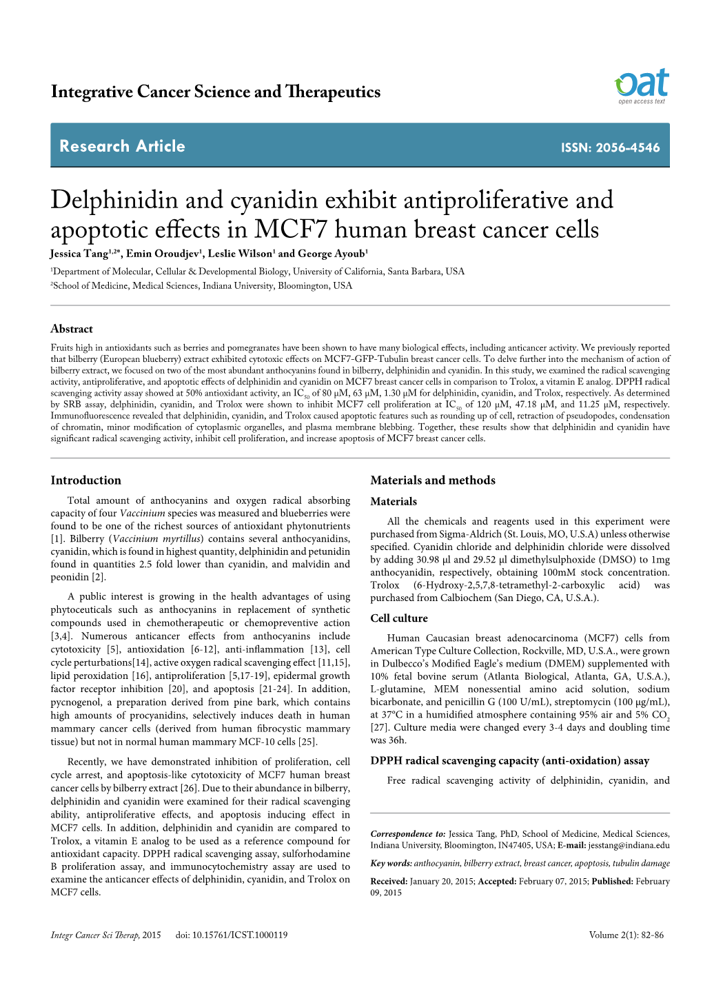 Delphinidin and Cyanidin Exhibit Antiproliferative and Apoptotic
