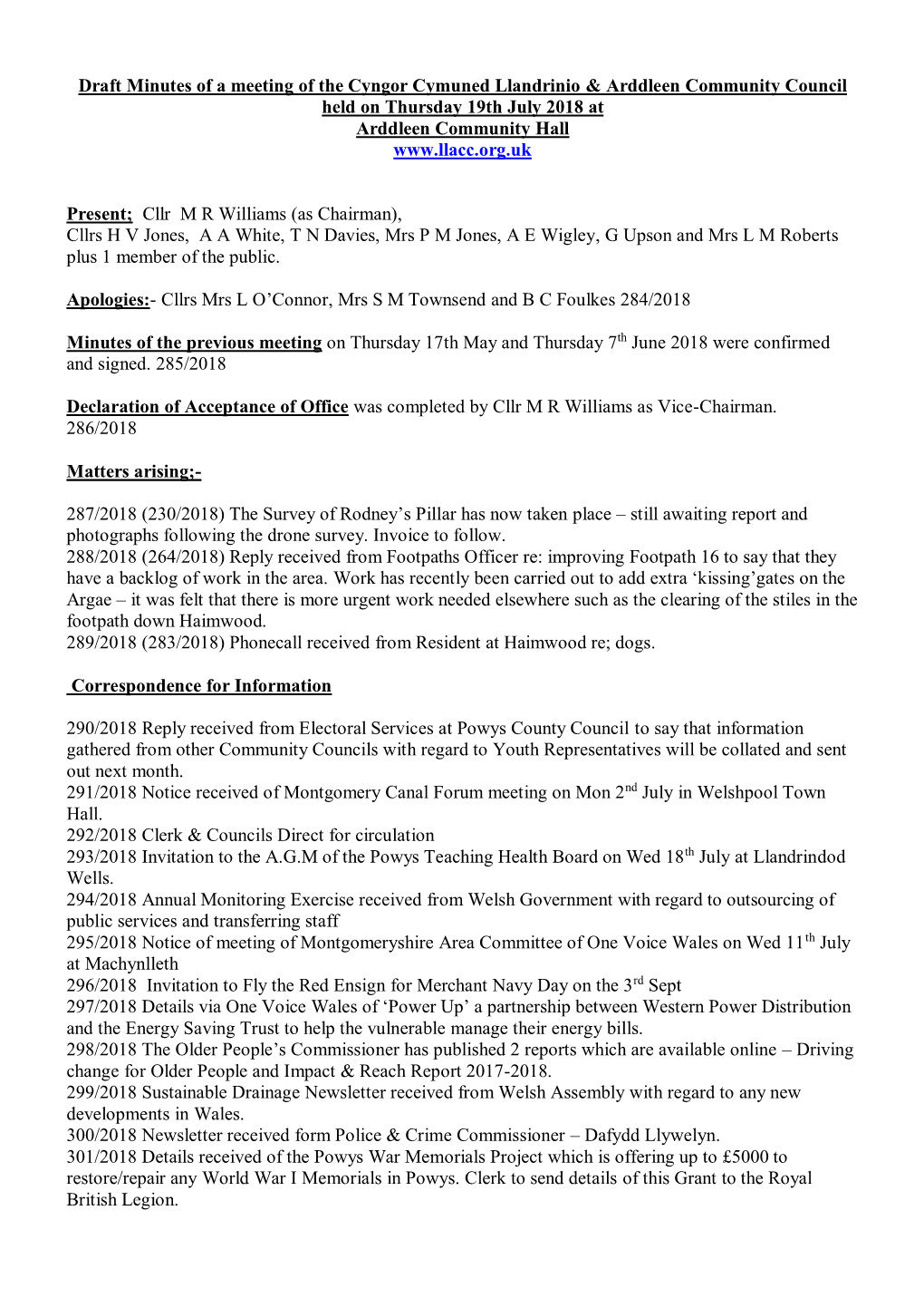 Draft Minutes of a Meeting of the Cyngor Cymuned Llandrinio & Arddleen Community Council Held on Thursday 19Th July 2018 at Arddleen Community Hall