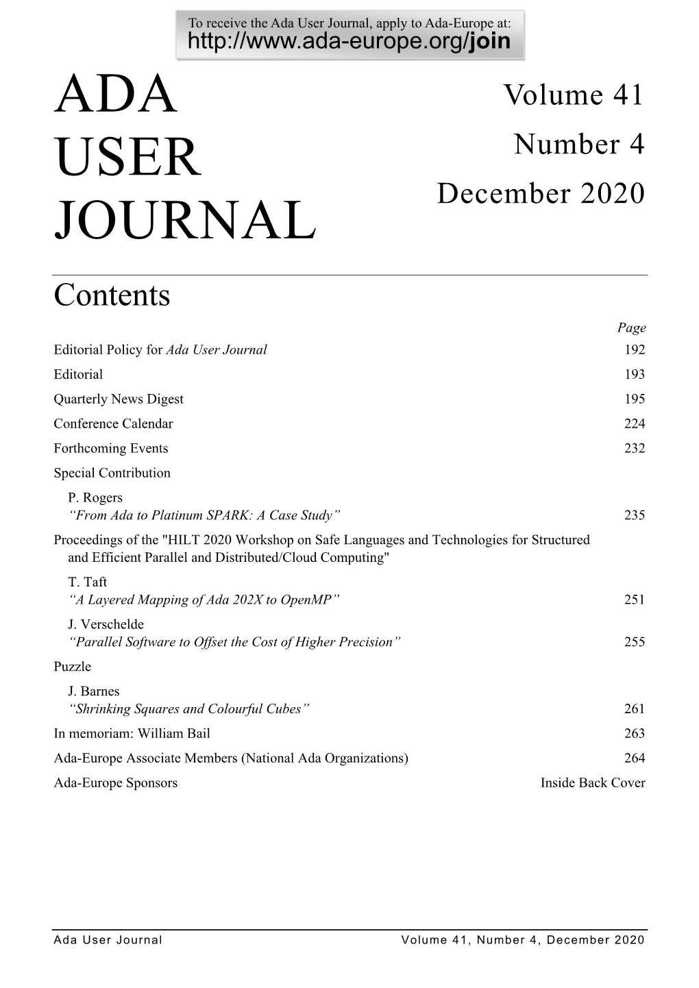 Ada User Journal, Apply to Ada-Europe At: -Europe.Org/Join ADA Volume 41 USER Number 4 December 2020