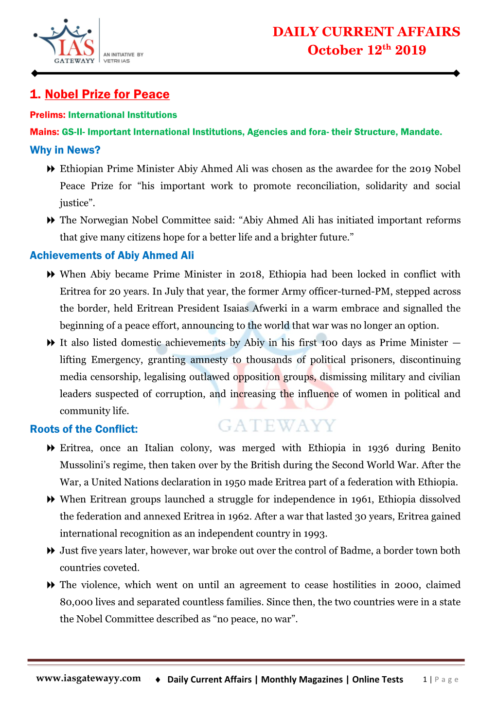 DAILY CURRENT AFFAIRS October 12Th 2019 1. Nobel Prize for Peace