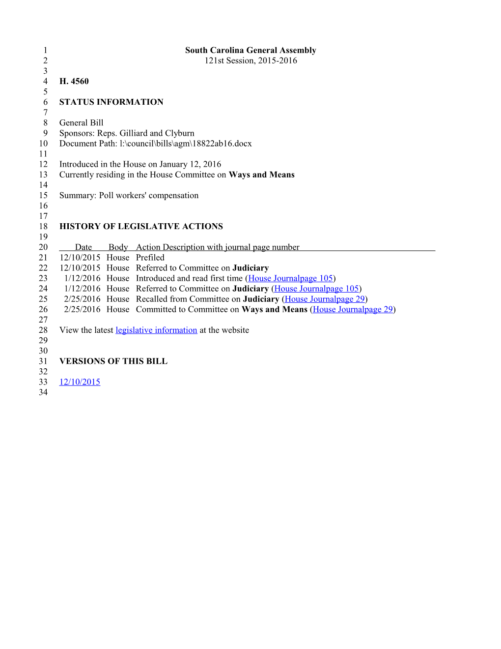 2015-2016 Bill 4560: Poll Workers' Compensation - South Carolina Legislature Online