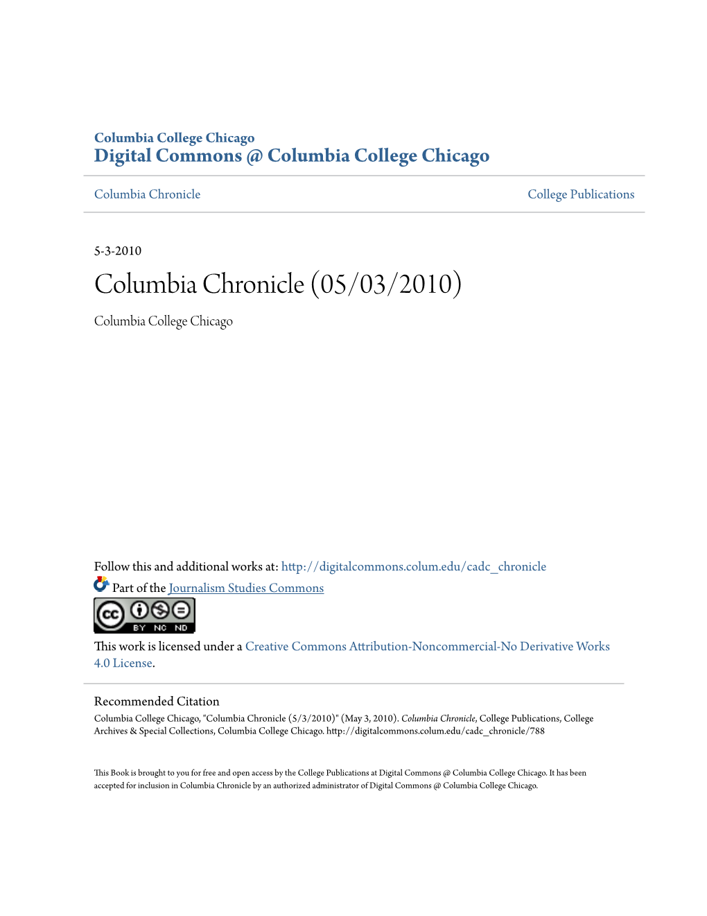 Columbia Chronicle (05/03/2010) Columbia College Chicago