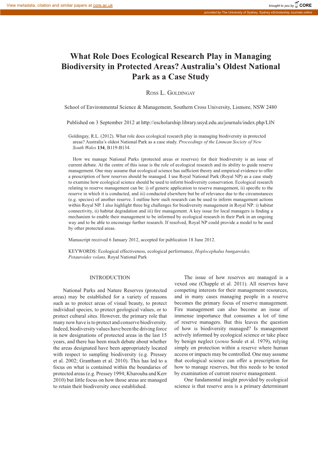 What Role Does Ecological Research Play in Managing Biodiversity in Protected Areas? Australia’S Oldest National Park As a Case Study