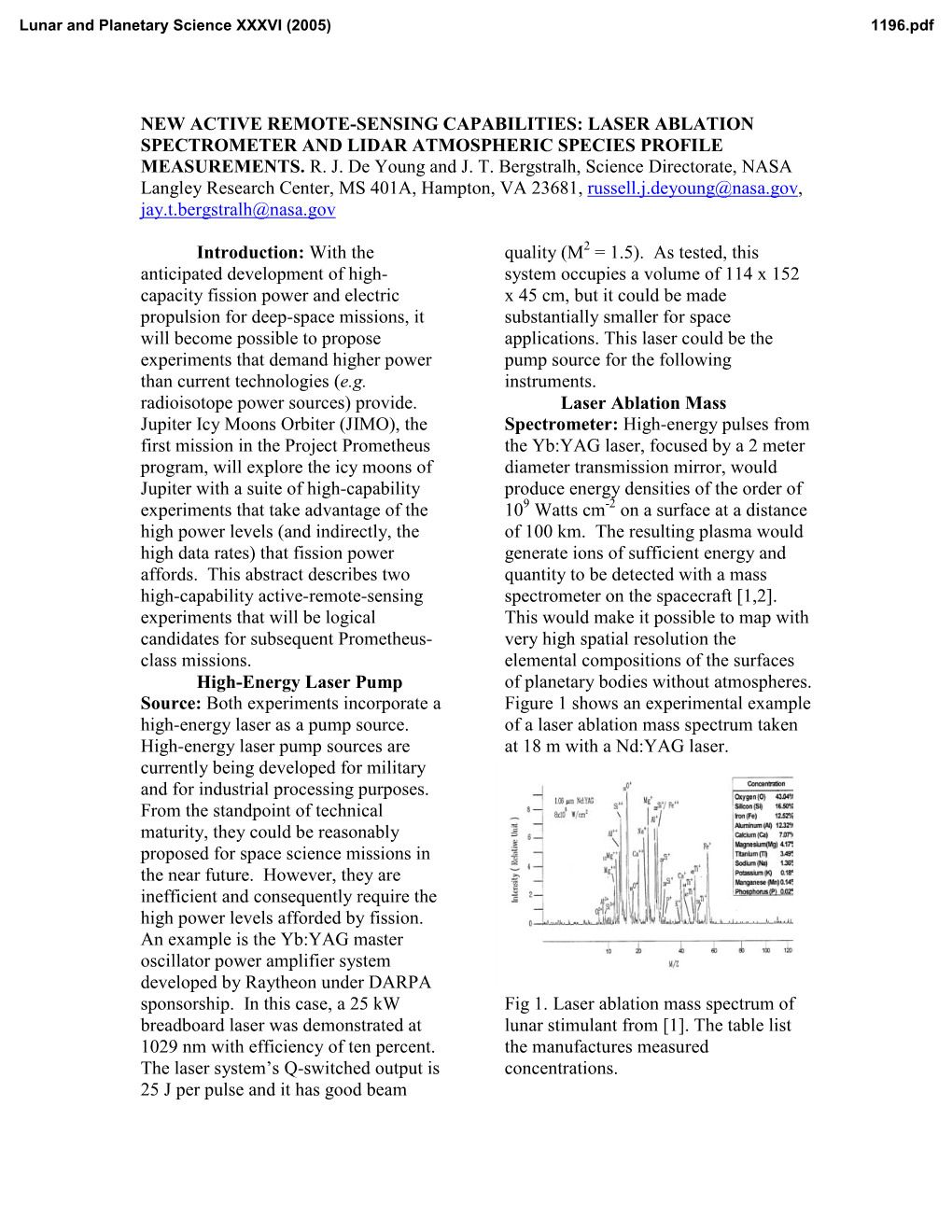 NEW ACTIVE REMOTE-SENSING CAPABILITIES: LASER ABLATION SPECTROMETER and LIDAR ATMOSPHERIC SPECIES PROFILE MEASUREMENTS. R. J. De Young and J