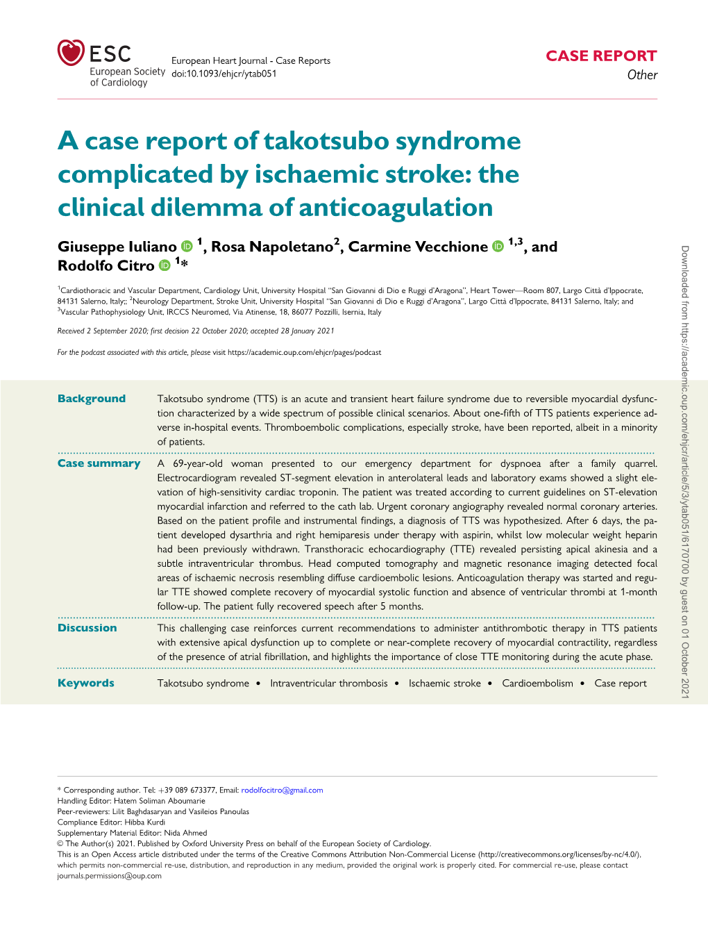 A Case Report of Takotsubo Syndrome Complicated by Ischaemic Stroke: the Clinical Dilemma of Anticoagulation