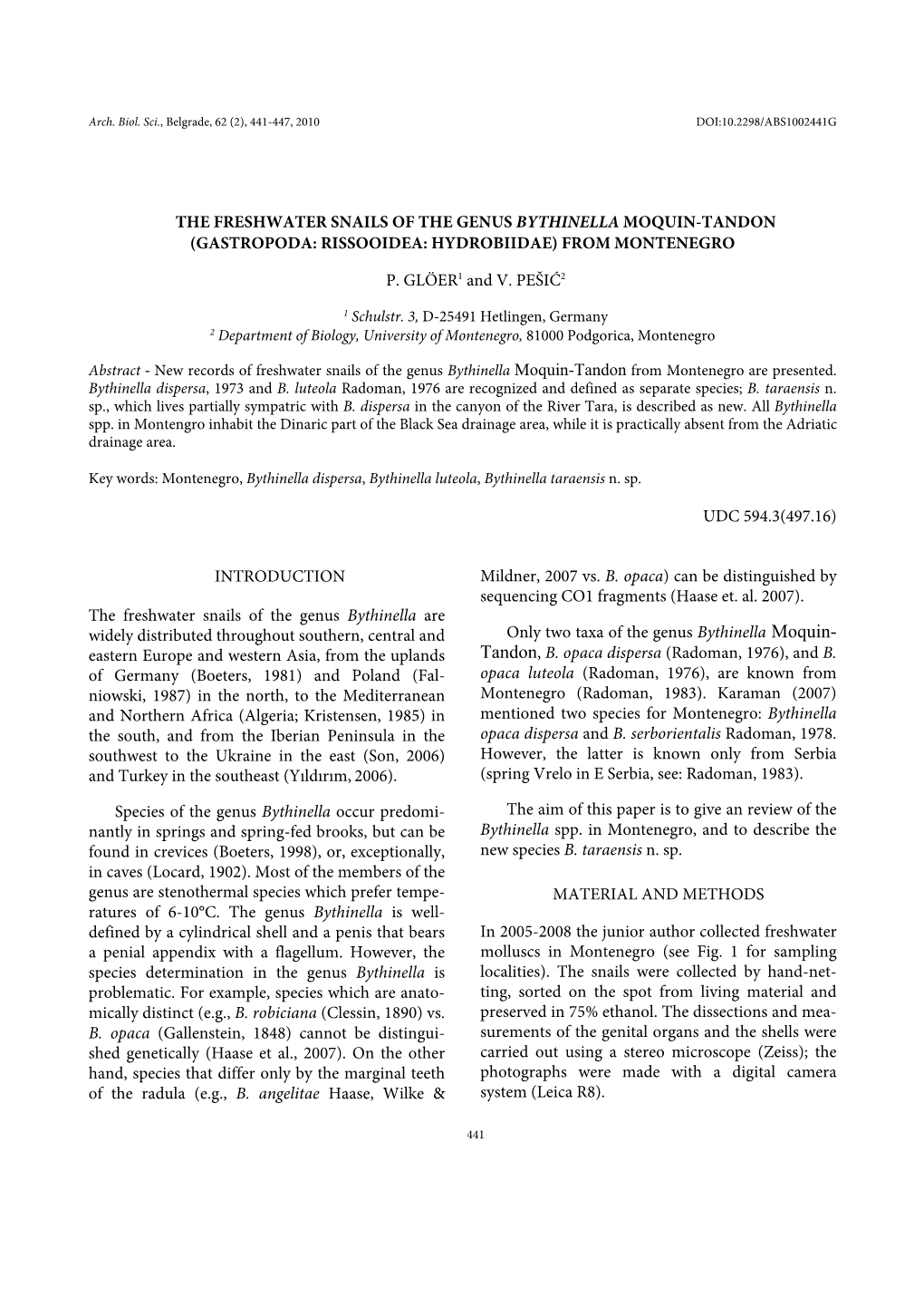 THE FRESHWATER SNAILS of the GENUS BYTHINELLA MOQUIN-TANDON (GASTROPODA: RISSOOIDEA: HYDROBIIDAE) from MONTENEGRO P. GLÖER1 An