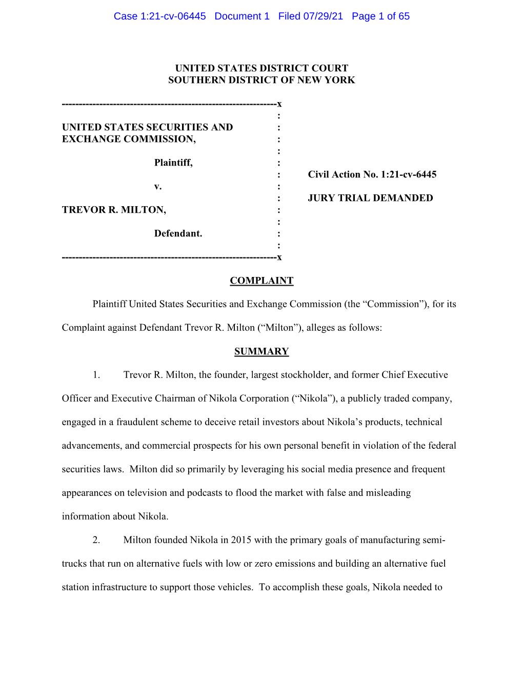 Complaint Against Trevor R. Milton