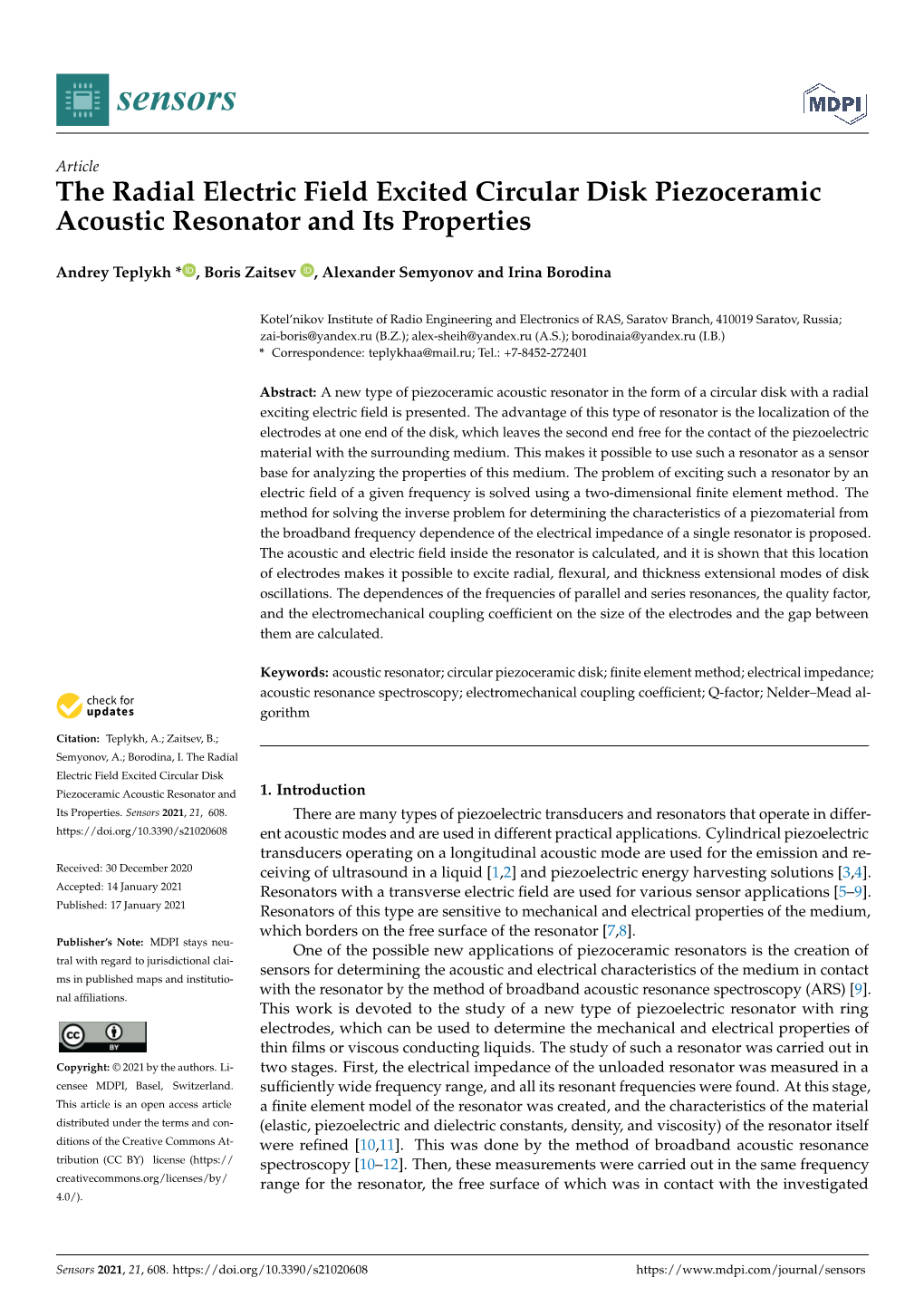 The Radial Electric Field Excited Circular Disk Piezoceramic Acoustic Resonator and Its Properties