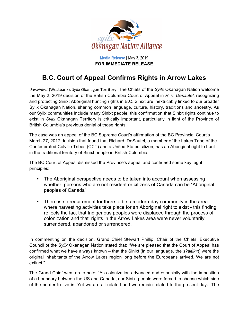 B.C. Court of Appeal Confirms Rights in Arrow Lakes