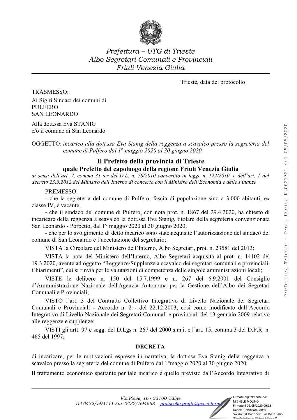 Prefettura – UTG Di Trieste Albo Segretari Comunali E Provinciali Friuli Venezia Giulia Il Prefetto Della Provincia Di Trieste