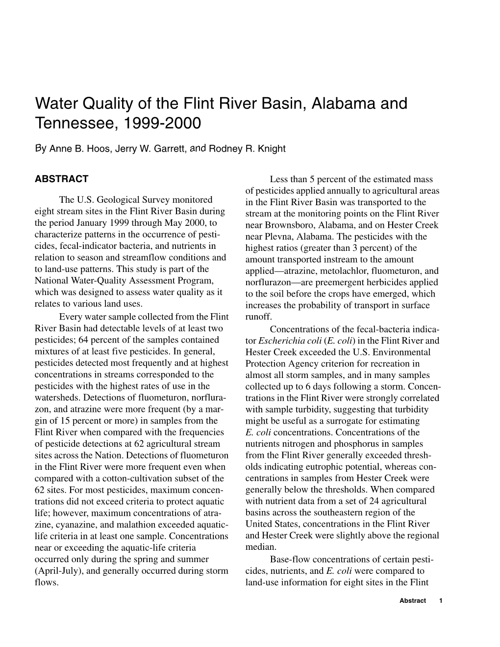 Water Quality of the Flint River Basin, Alabama and Tennessee, 1999-2000