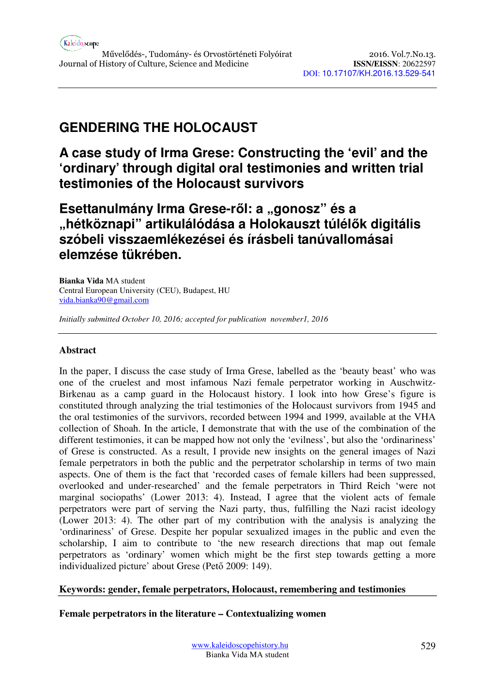 GENDERING the HOLOCAUST a Case Study of Irma Grese