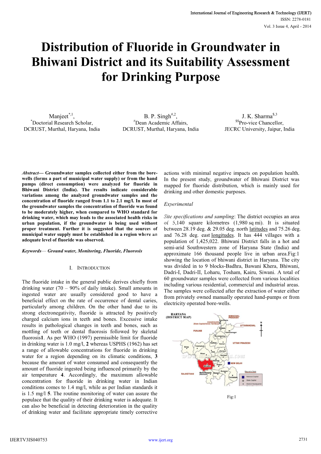 Distribution of Fluoride in Groundwater in Bhiwani District and Its Suitability Assessment for Drinking Purpose